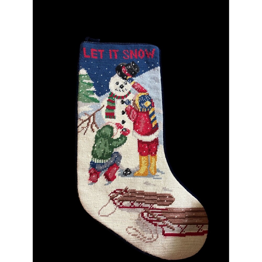 Vintage Needlepoint Christmas Stocking Snowman Let It Snow Wool Velvet